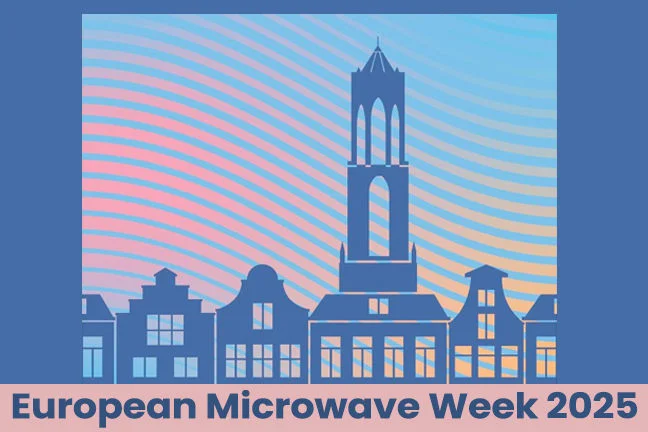 European Microwave Week Graphic- silhouette  of buildings in sunset